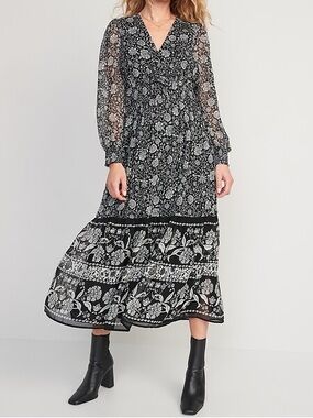 Old Navy Waist-Defined Black and White Floral Print Smocked Tie-Front Maxi Dress